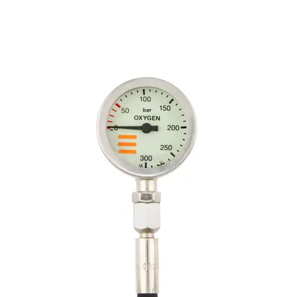 SPG diam 52 mm O2, scale 300 bar, presión de trabajo 230 bar, 15 cm latiguillos HP, sin tapa