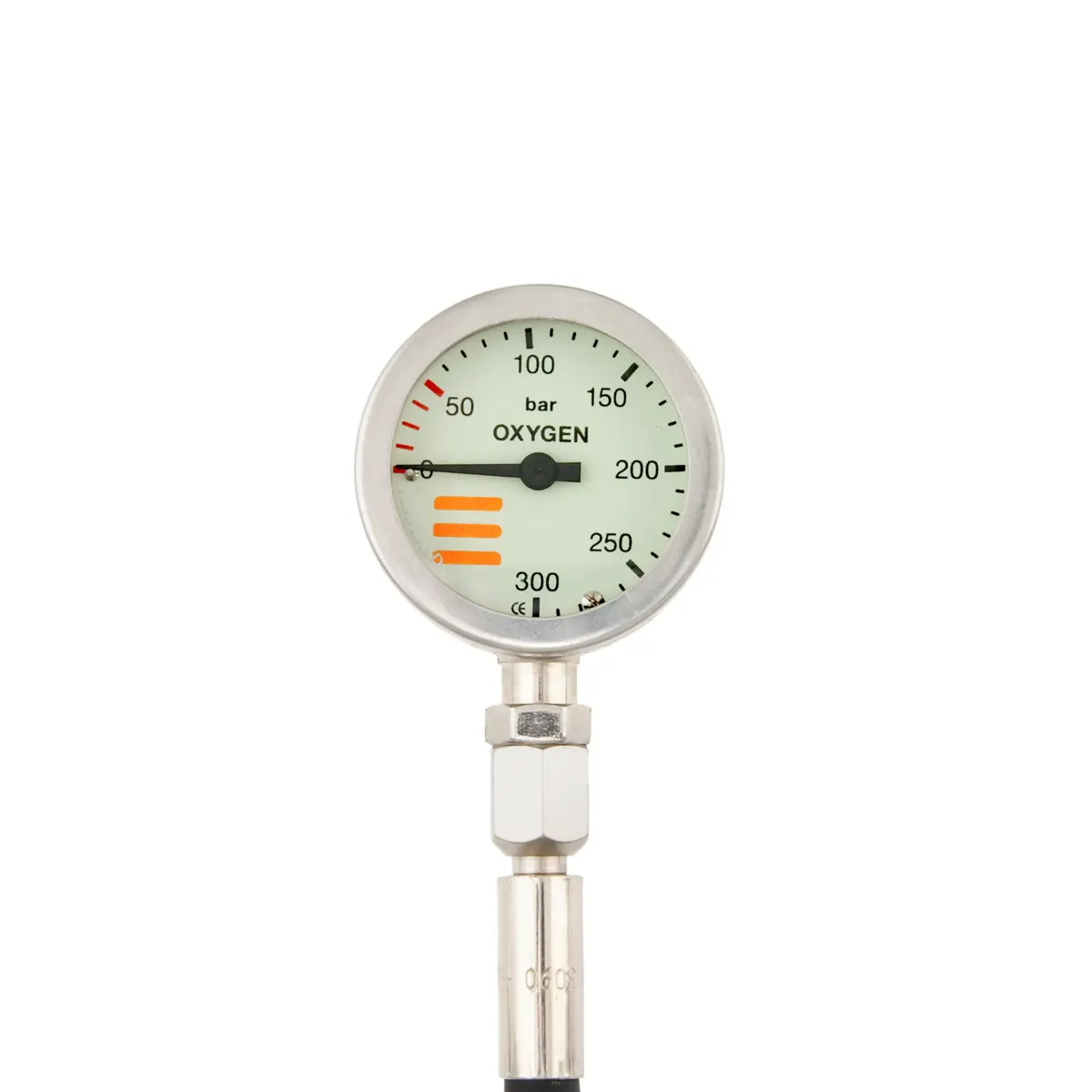 SPG diam 52 mm O2, scale 300 bar, presión de trabajo 230 bar, nickel, 20 cm latiguillos HP, sin tapa