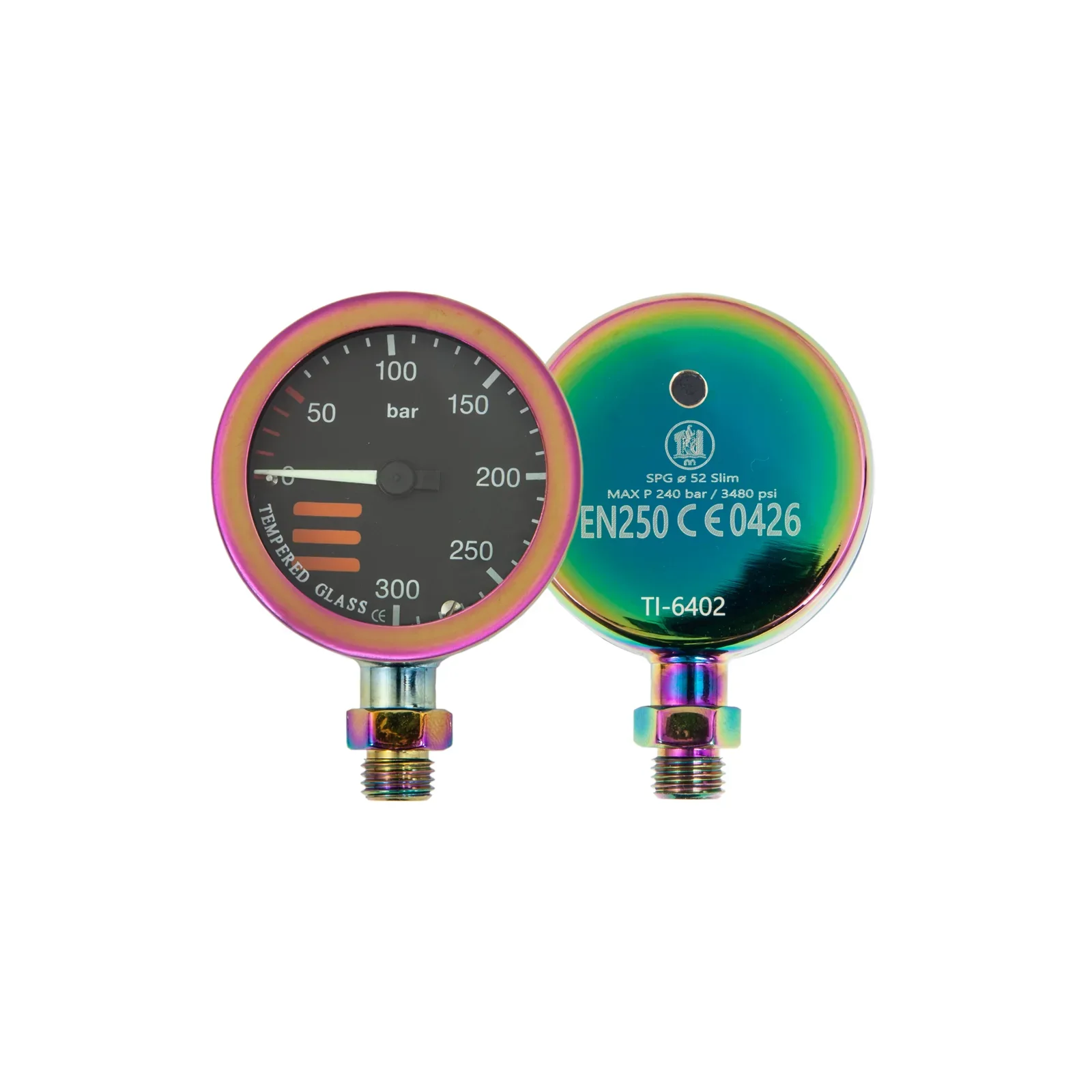 SPG diam 52 mm, scale 300 bar, presión de trabajo 230 bar, rainbow PVD coating - cabezal solo