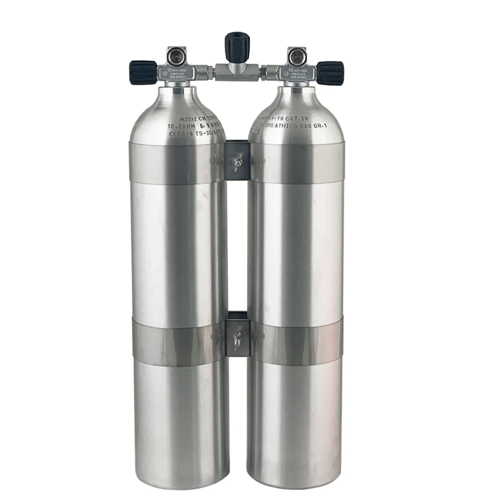 Double aluminio botella cepillado 2 x 7L, 152 mm, 207 Bar, Tecline, 60 mm abrazaderas de botella, manifold, goma knobs