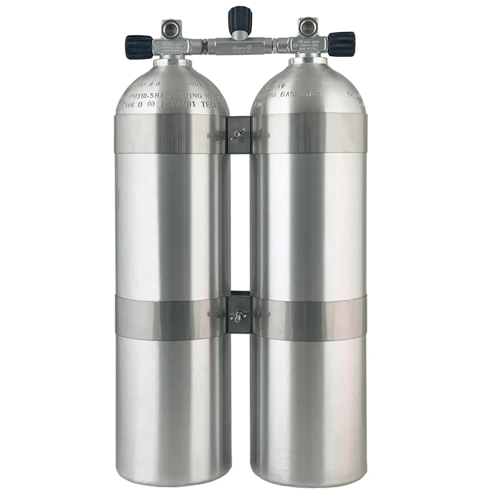 Double aluminio botella cepillado 2 x 11,L, 186 mm, 200 Bar, Tecline, 60 mm abrazaderas de botella, manifold, goma knobs